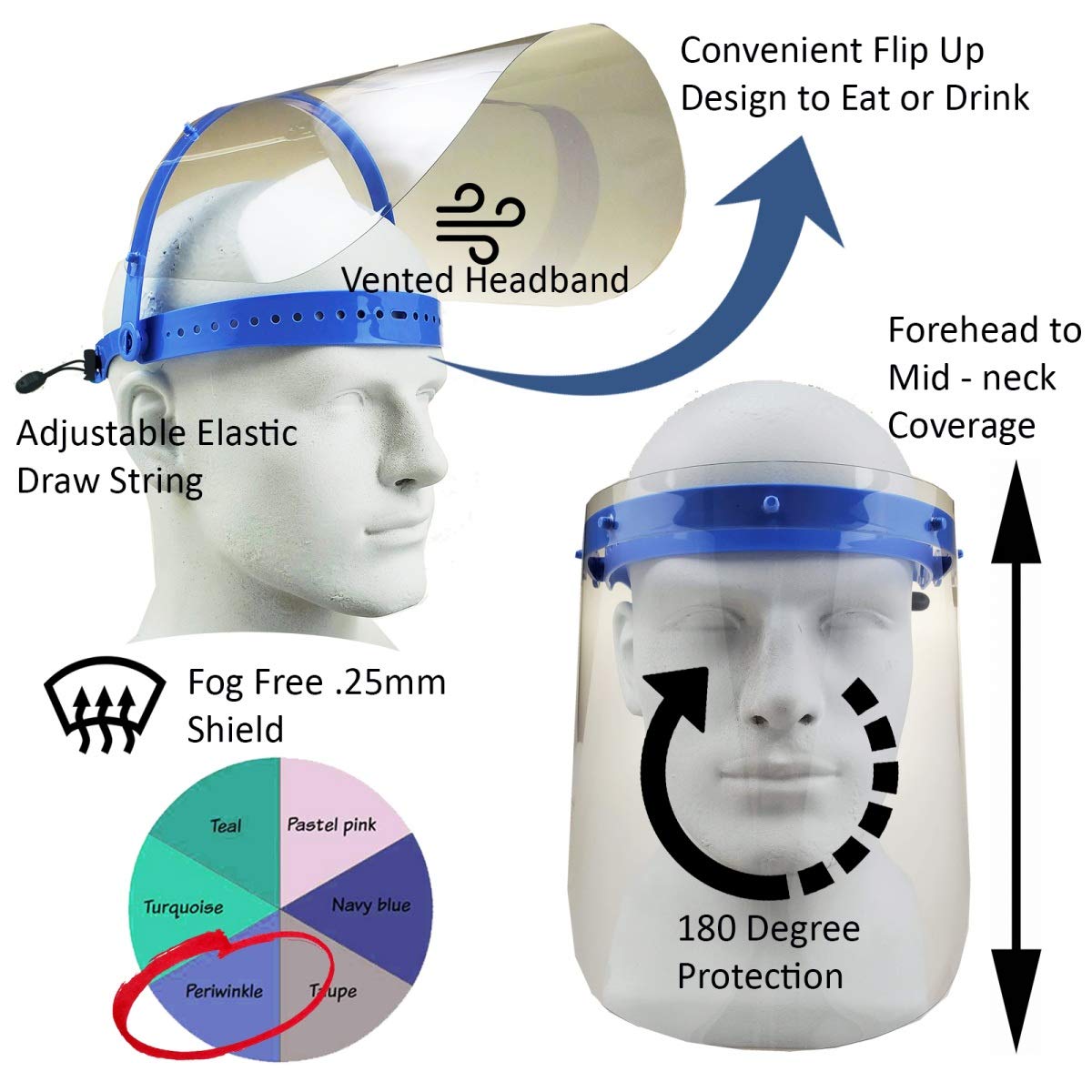 proSPORT 2 Pack Dark Blue Flip Up Clear Face Shield Protects Against Spray Liquids Adjustable One Size,Periwinkle - Image 3